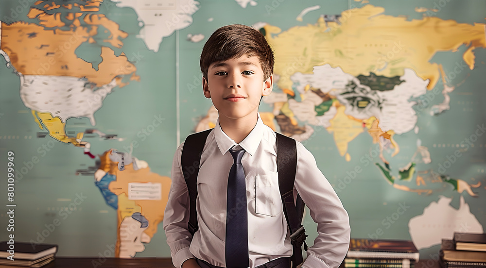 Caucasian student boy in front of world map background. Back to school concept. Caucasian student boy in front of world map background. Back to school concept.
