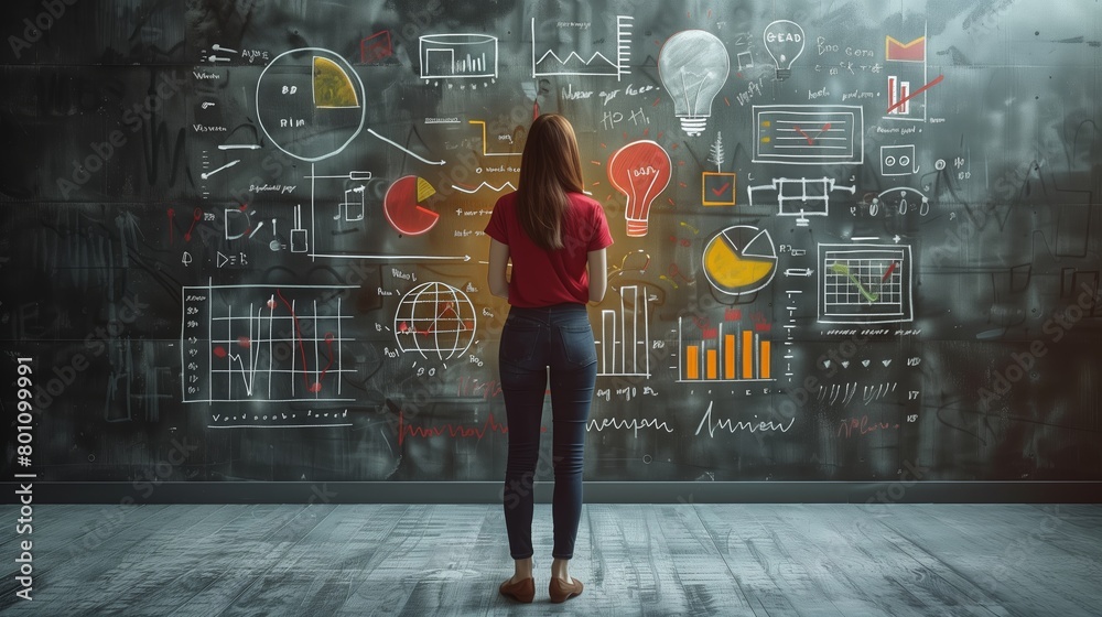 Businesswoman sketching her ideas on the black board. Businesswoman sketching her ideas on the black board.