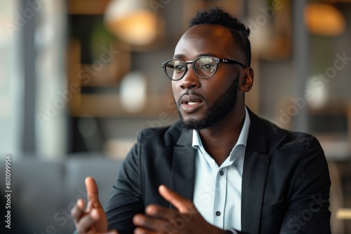 Innovative Thinking: Portrait of a Young Black Man Expressing Ideas in the Workplace