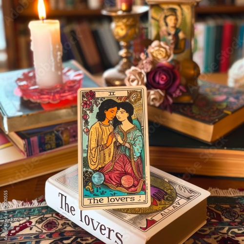 tarot card the lovers on candels and books background