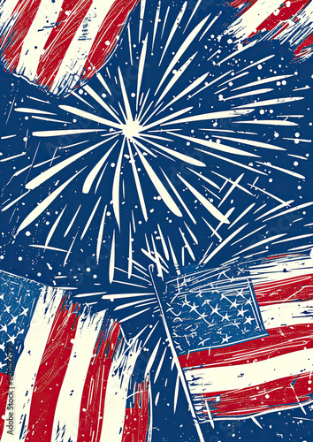 US Patriotic Firework Postcard, distressed American flags, linocut style illustration
