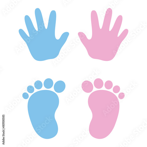 Baby footprints and handprints in blue and pink colors. Kids or baby shower theme. Vector illustration isolated on white background.
