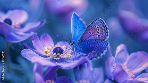 Butterfly on anemone flower close-up macro photography. AI. © Alex Alex