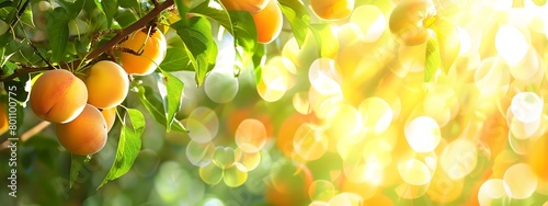Ripe apricots on an apricot tree. Blurred glitter background.