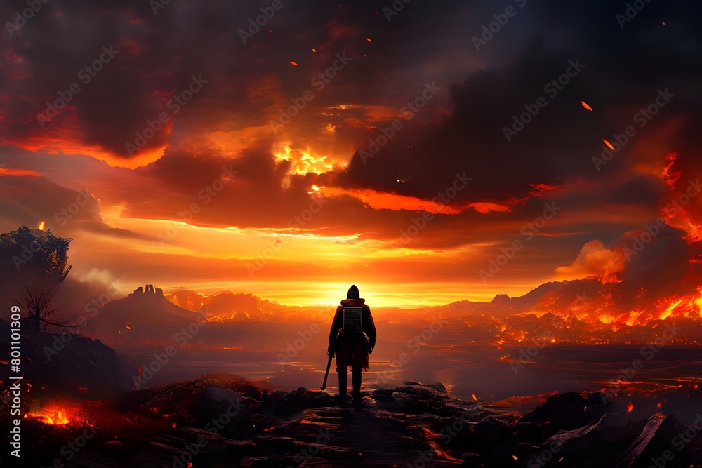 Fototapeta premium The most vibrant sky sunset with a fiery tone. A brave warrior who has the courage to approach for salvation, 勇敢な戦士, 勇敢です, .ai, generative, a warrior who comes to save, 용사, 용기, brave