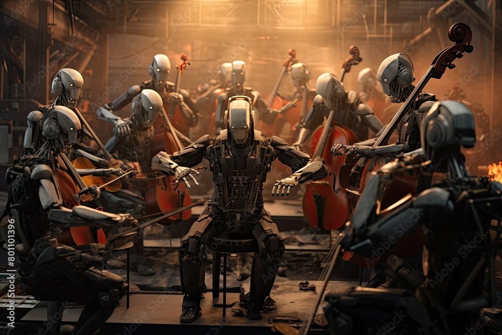 A group of humanoid figures playing various musical instruments in a room filled with music and creativity. Generative AI A group of humanoid figures playing various musical instruments in a room filled with music and creativity. Generative AI