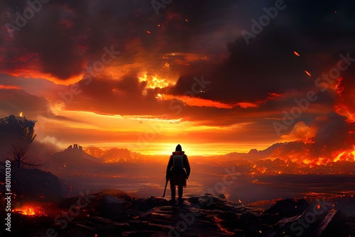 The most vibrant sky sunset with a fiery tone. A brave warrior who has the courage to approach for salvation, 勇敢な戦士, 勇敢です, .ai, generative, a warrior who comes to save, 용사, 용기, brave