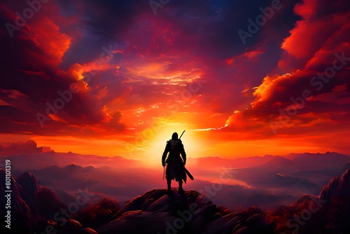 The most vibrant sky sunset with a fiery tone. A brave warrior who has the courage to approach for salvation, 勇敢な戦士, 勇敢です, .ai, generative, a warrior who comes to save, 용사, 용기, brave