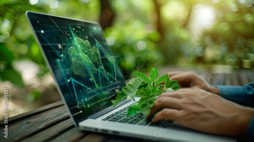 Close-up Demonstration of ESG environmental social governance on a laptop of an eco-friendly company for environmental protection and sustainable ecology of the future.
