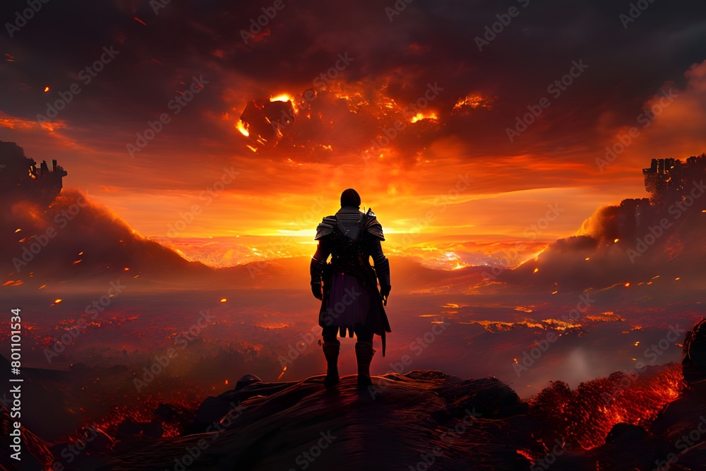 Obraz premium The most vibrant sky sunset with a fiery tone. A brave warrior who has the courage to approach for salvation, 勇敢な戦士, 勇敢です, .ai, generative, a warrior who comes to save, 용사, 용기, brave