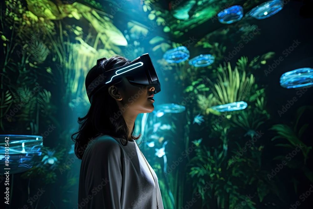 A woman immersed in a virtual reality experience, wearing a headset, stands in front of a wall covered in lush green plants. Generative AI A woman immersed in a virtual reality experience, wearing a headset, stands in front of a wall covered in lush green plants. Generative AI