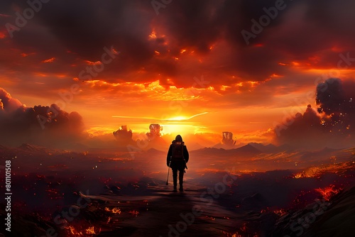 The most vibrant sky sunset with a fiery tone. A brave warrior who has the courage to approach for salvation, 勇敢な戦士, 勇敢です, .ai, generative, a warrior who comes to save, 용사, 용기, brave