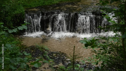 A static shot of a waterfall on the Jeleń River in summer.