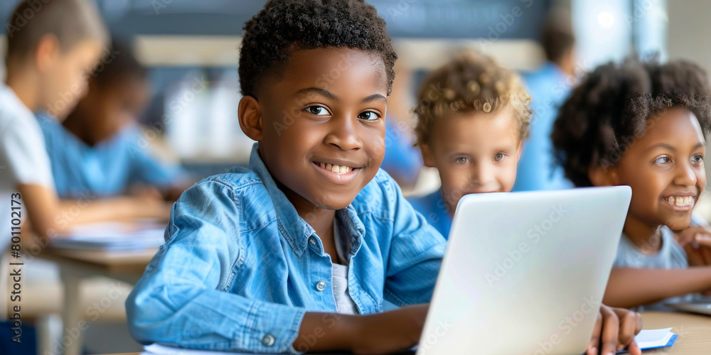 African American boy smiling at the camera with peers and laptop in a modern classroom environment. African American boy smiling at the camera with peers and laptop in a modern classroom environment.