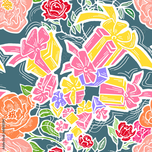 Gift box, ribbon and flowers seamless vector pattern for wrapping present with bow, party celebration, sale promotion, Textile print, fabric design, banner background. Hand drawn style illustration.