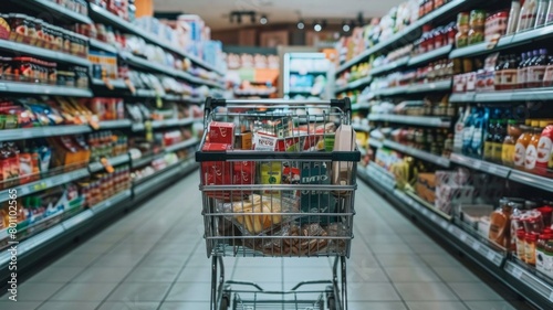A shopping cart is full of groceries in a grocery store