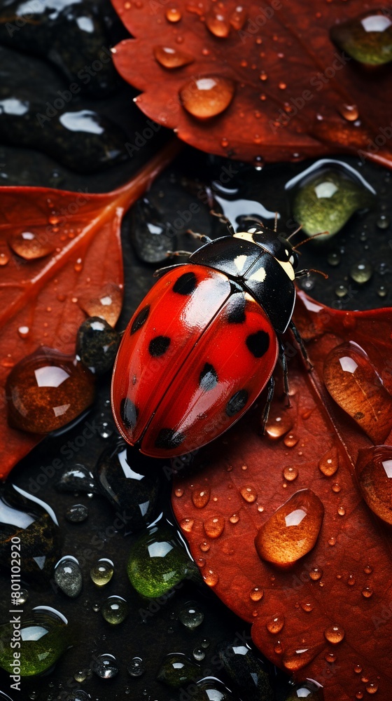 Overhead view of a ladybug on a wet rock, raindrops around, natural habitat scene, detailed texture of the insects shell