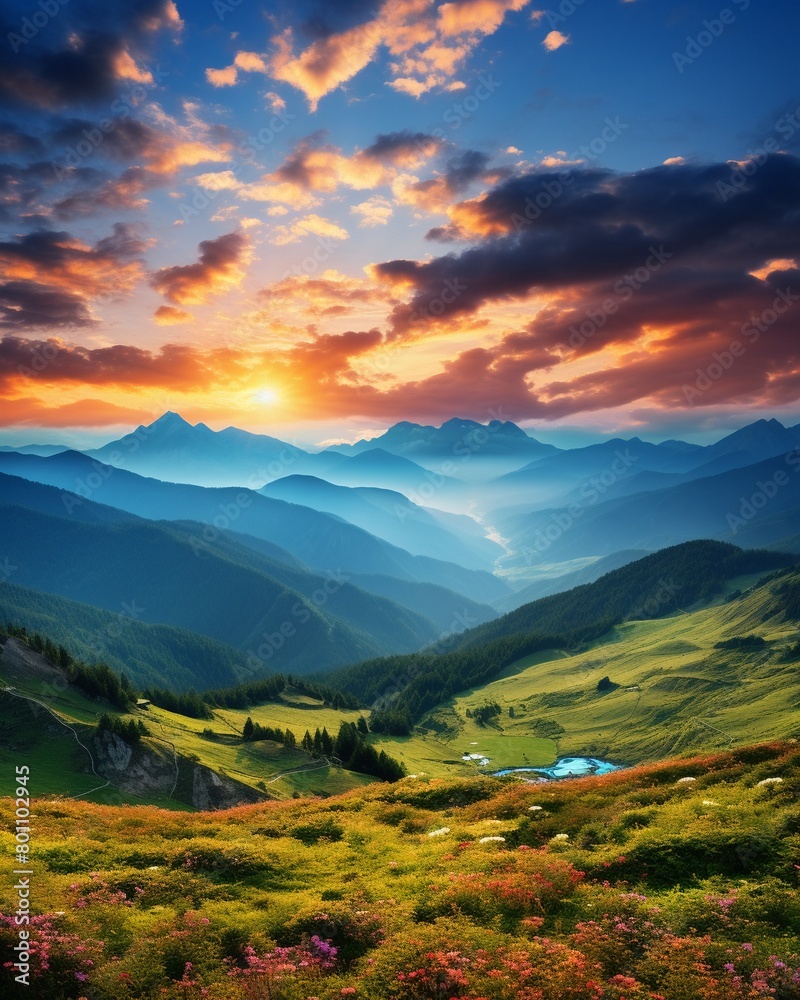 Panoramic view of a tranquil mountain landscape at sunrise, perfect for peaceful background or wallpaper, wide angle with vibrant colors