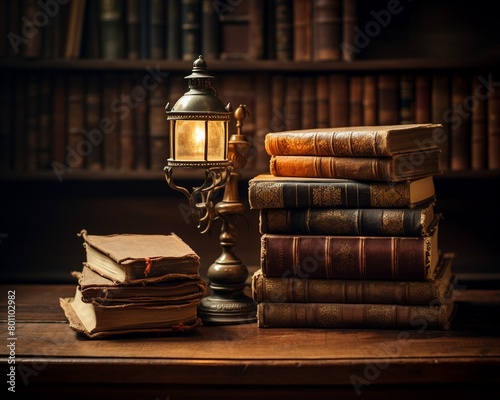 Stack of vintage leatherbound books on a wooden desk, antique brass lamp lit, scholarly and academic atmosphere, copy space photo