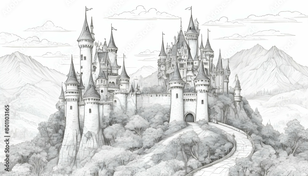 Whimsical Fairy Tale Castle On A Hill Black And W Upscaled 2