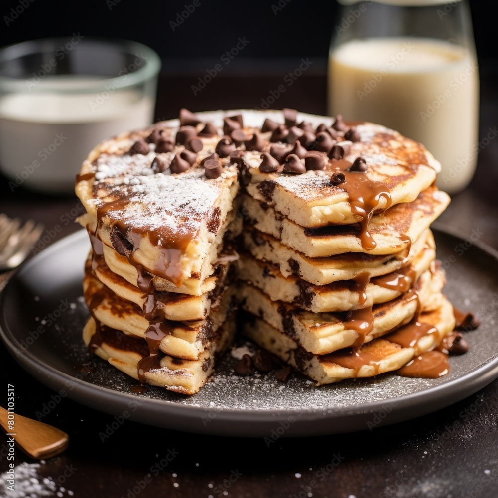 
delicious fluffy chocolate chip pancakes with the topping of butter and sugar syrup on a plate with a slice cut out