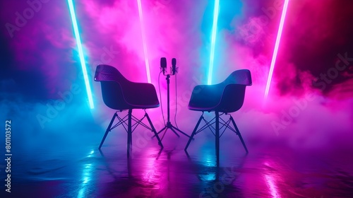 Two chairs and microphone in interview room isolated on dark background