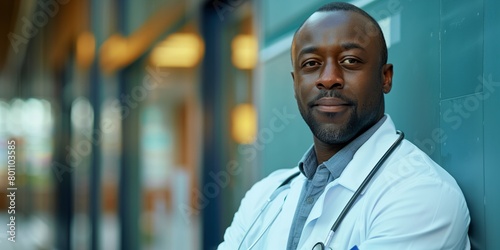 Black male doctor wearing his medical coat in a hospital setting.