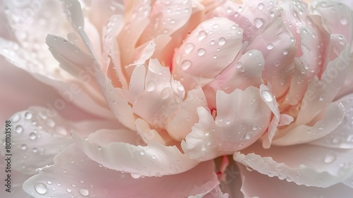 Close-up of a peony flower with dewdrops on soft pink petals.