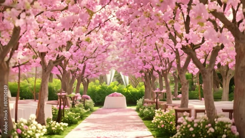 Lush Pathway Adorned With Pink Flowers and Trees, A garden filled with blooming cherry blossoms for a spring wedding set up photo