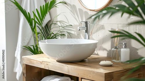 Sink bowl with bath accessories on chest of drawers home