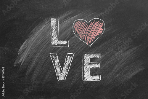 Chalk letters spelling LOVE with a heart replacing the O sketched on a chalkboard.