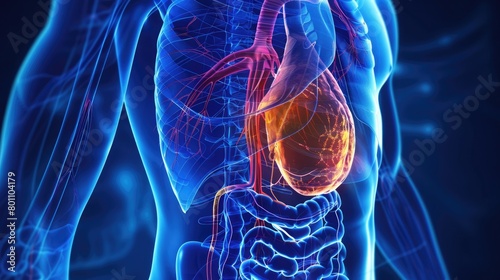 Illustration of gallbladder anatomy and its bile storage and releasing roles with liver