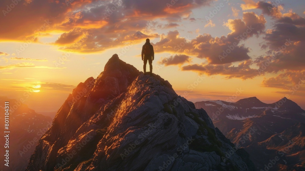 A man stands on a mountain peak at sunset