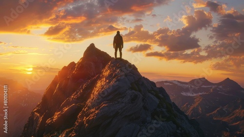 A man stands on a mountain peak at sunset