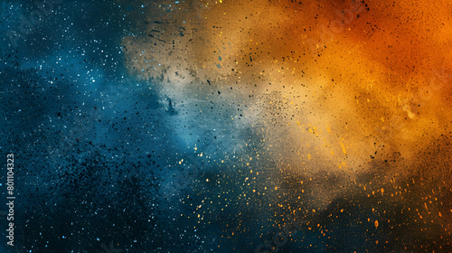 Abstract dark orange, yellow, blue colour gradient with a grainy texture, black noise banner poster header backdrop design