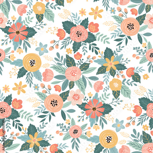 Seamless pattern with fantastically beautiful flowers. This beautiful pattern with flowers is suitable for printing on fabric, paper, notebook cover, etc. Flat vector style