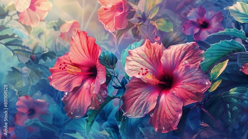 A painting of two pink flowers with a blue background photo