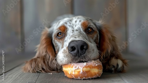 the joyous moment of a English Setter Dog eat doughnut in special shot photography