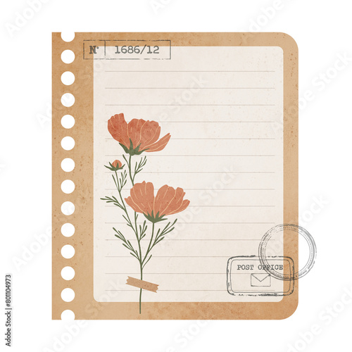 Vintage Scrapbook Sticky Notes with Flowers. Scrapbook Memo Isolated on Transparent Background