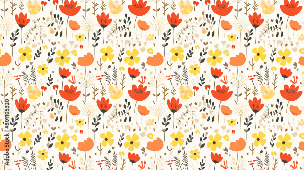 A seamless pattern of hand-drawn flowers and leaves in a retro style. A seamless pattern of hand-drawn flowers and leaves in a retro style.
