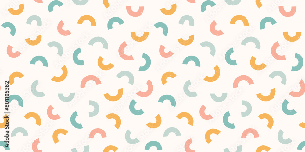 Abstract arch shapes pastel seamless pattern. Scattered small shapes rainbow squiggle pastel gender neutral background.