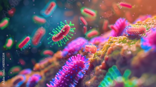 Illustration showcasing gut flora's role in health within the human intestinal lining