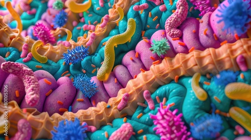 Human intestine depiction with beneficial gut flora interacting with the lining