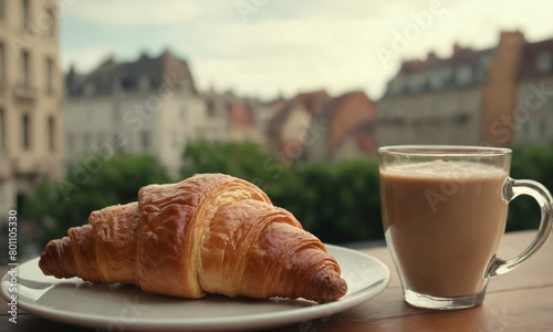A freshly baked croissant lies on a white plate next to a steaming cup of cappuccino. The golden brown pastry contrasts with the blurred views of the city in the background.