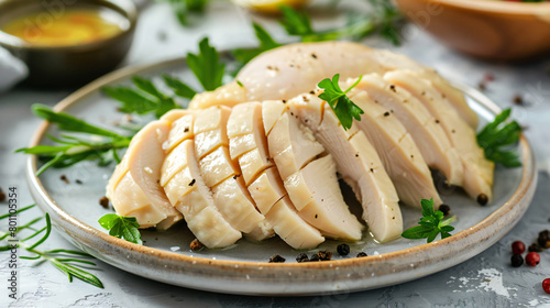 Sliced boiled chicken fillet on plate closeup
