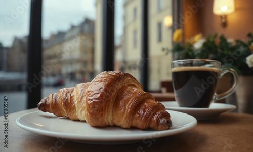 A freshly baked croissant lies on a white plate next to a steaming cup of coffee. The golden brown pastry contrasts with the blurred views of the city in the background.