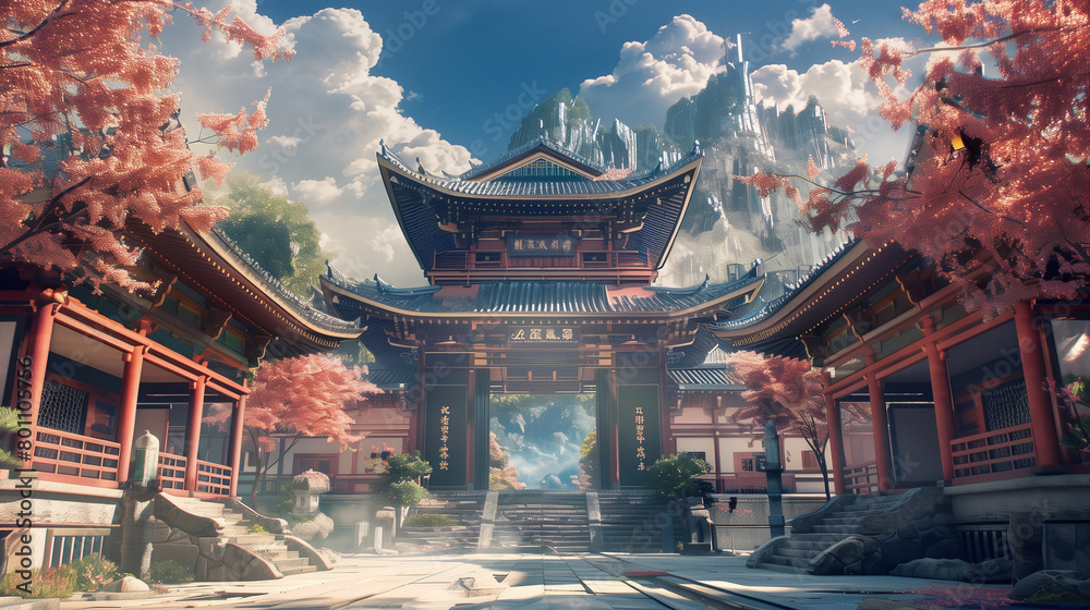  A majestic temple entrance in the style of Japanese, Asian, Chinese culture. Adorned with red plum blossoms in full bloom. Anime aesthetic, cozy lofi architecture. 16:9 resolution. Generative Ai