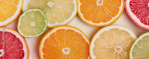 Slices of oranges, lemons and limes arranged in a chaotic pattern.  photo