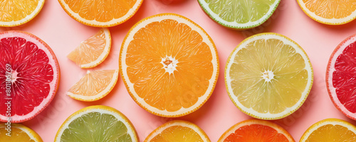 Slices of oranges, lemons and limes arranged in a chaotic pattern. 