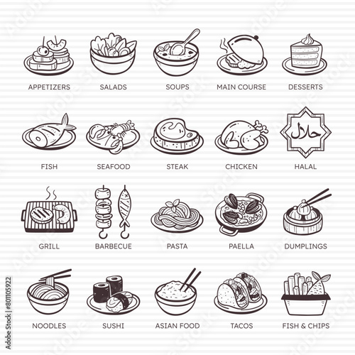 Restaurant Doodle Icons. International food. Set 4 of 4.